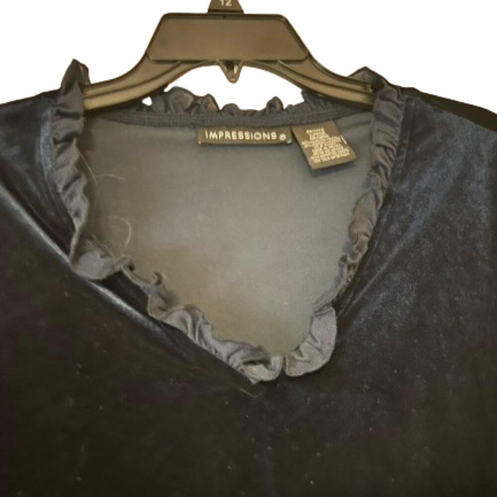 Impressions Navy Velvet Blouse Ruffle Neck Sheer Angel Sleeves - Large Petite
